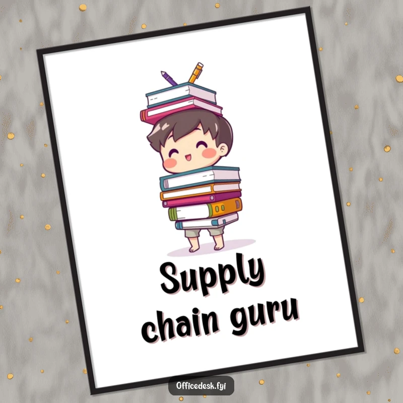 Funny poster of a cute character happily balancing a tall, precarious stack of mismatched office supplies, full of desk charm.