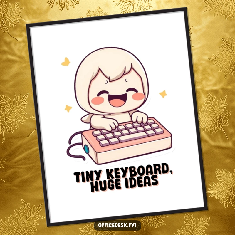 Funny Poster: A grinning character types with incredible speed on a miniature keyboard, celebrating digital communication.