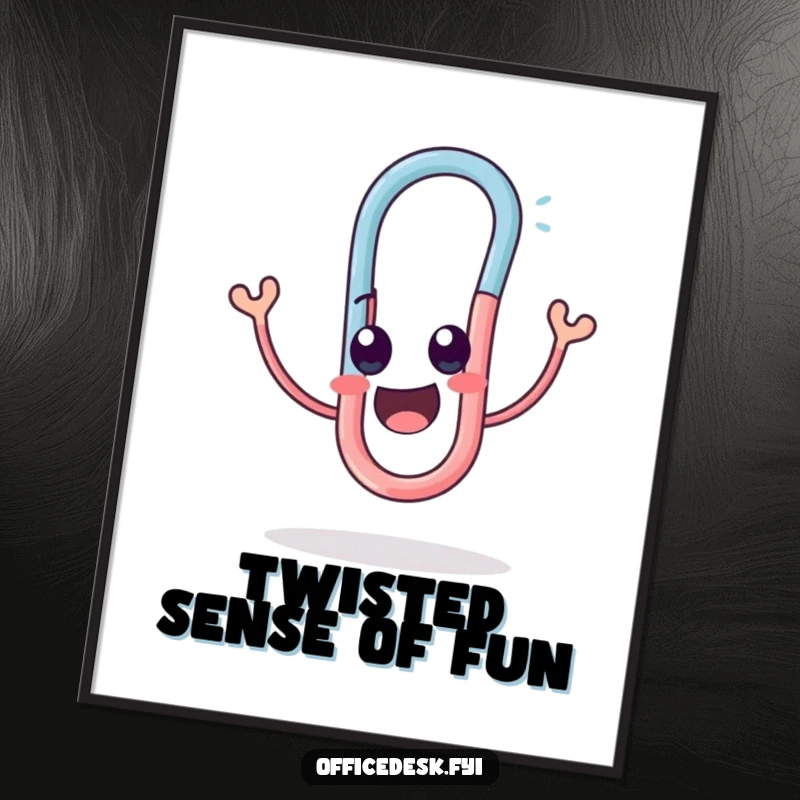 Funny poster print of a cute paperclip character joyfully twisting into a funny, amusing shape.