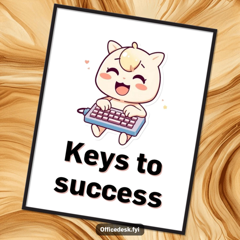 Funny poster of a cheerful character enthusiastically typing on a miniature keyboard, lively and humorous wall art for a funny gift.