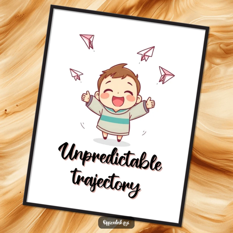 Funny Paper Airplane Poster: Happy character launching paper planes that fly erratically, great funny gift.