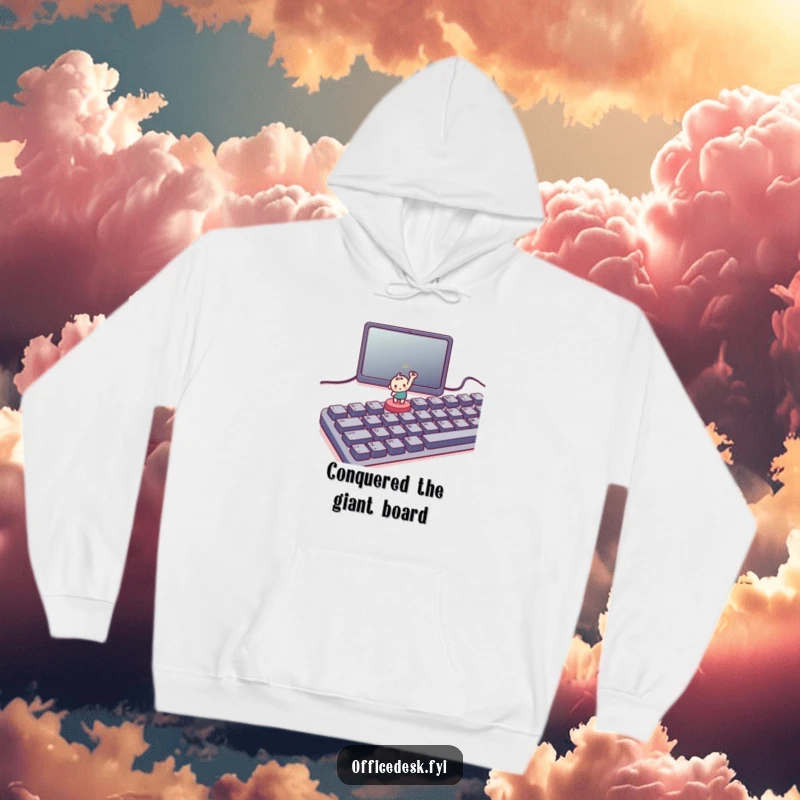 Funny hoodie with a small character triumphantly pressing a tiny button on a large keyboard, offering cozy and humorous victory vibes.