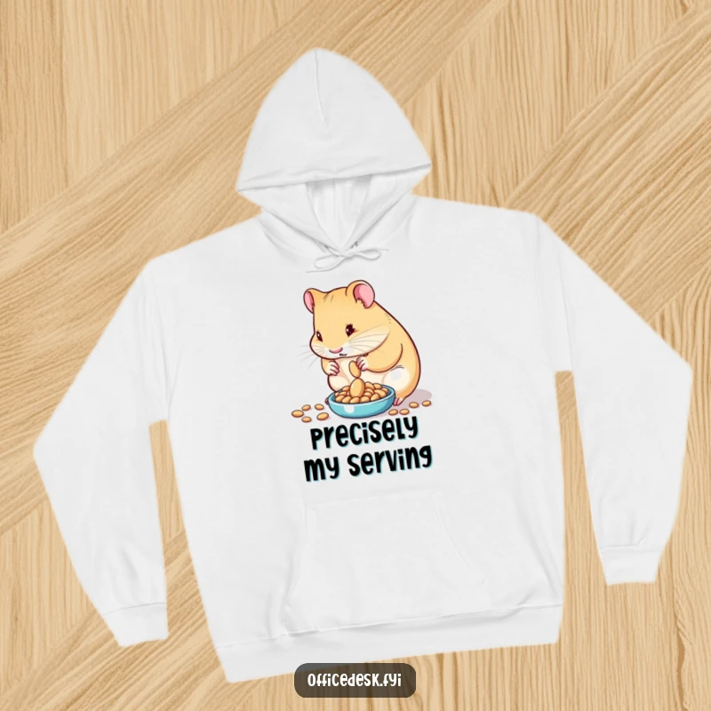 Funny hoodie showcasing a determined hamster meticulously measuring one seed on a tiny scale, radiating focus and a love for accuracy.