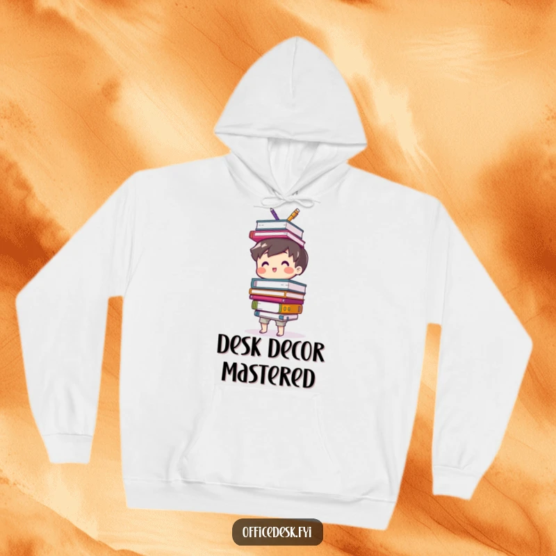 Funny hoodie featuring a cute character triumphantly balancing a precarious pile of office essentials, radiating joyful work energy.