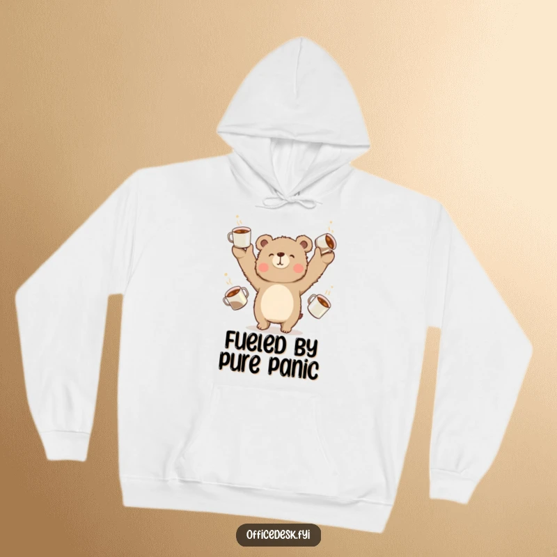 Soft hoodie print of a fuzzy bear struggling to juggle overflowing coffee cups, warmth and humor.