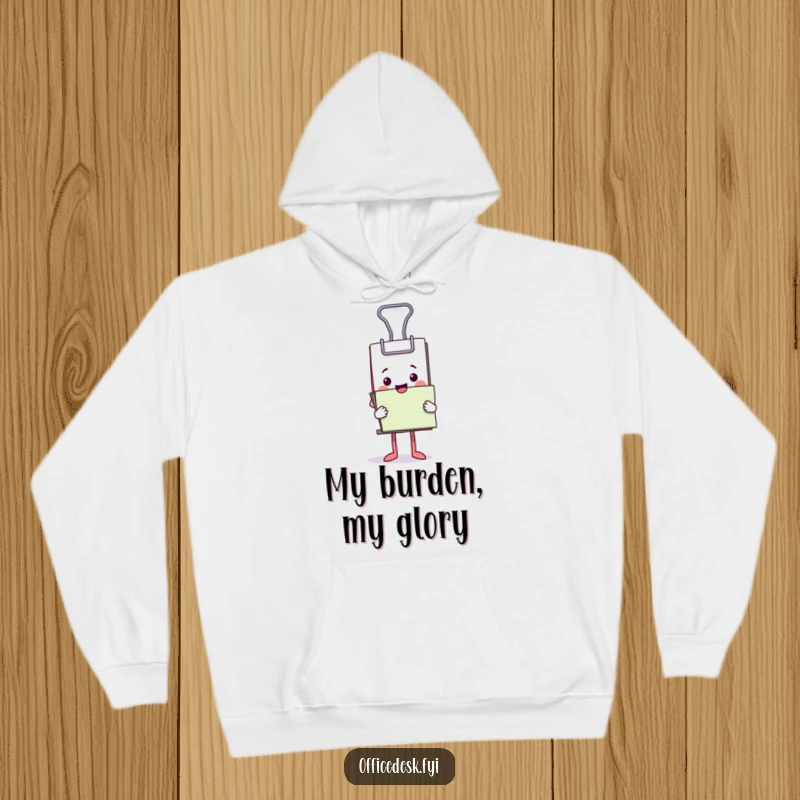 Funny hoodie depicting a happy binder clip character comically holding a very large stack of documents.