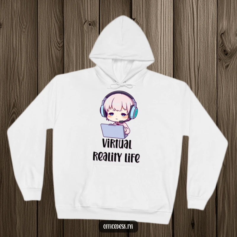 Funny hoodie featuring a small character wearing oversized headphones, looking intently at a screen, embodying deep concentration.