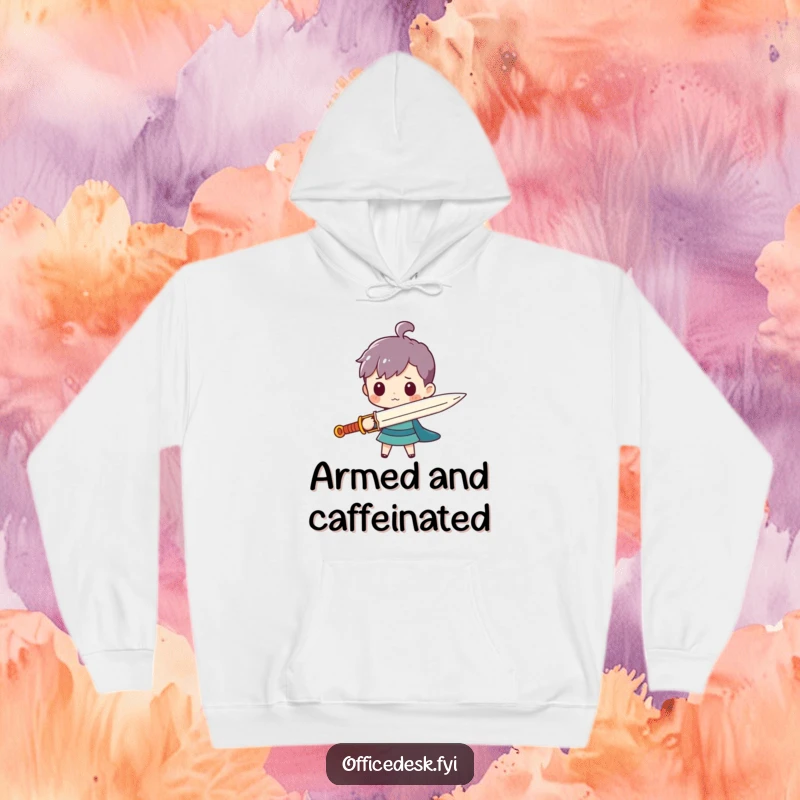 Funny hoodie with a tiny character wielding a giant paperclip sword, bringing cozy humor and heroic vibes.