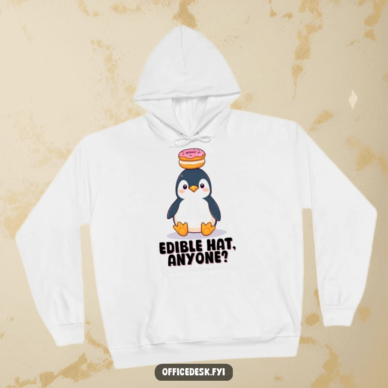 Soft hoodie print of a plump penguin attempting to balance a stack of donuts, sweet comfort.
