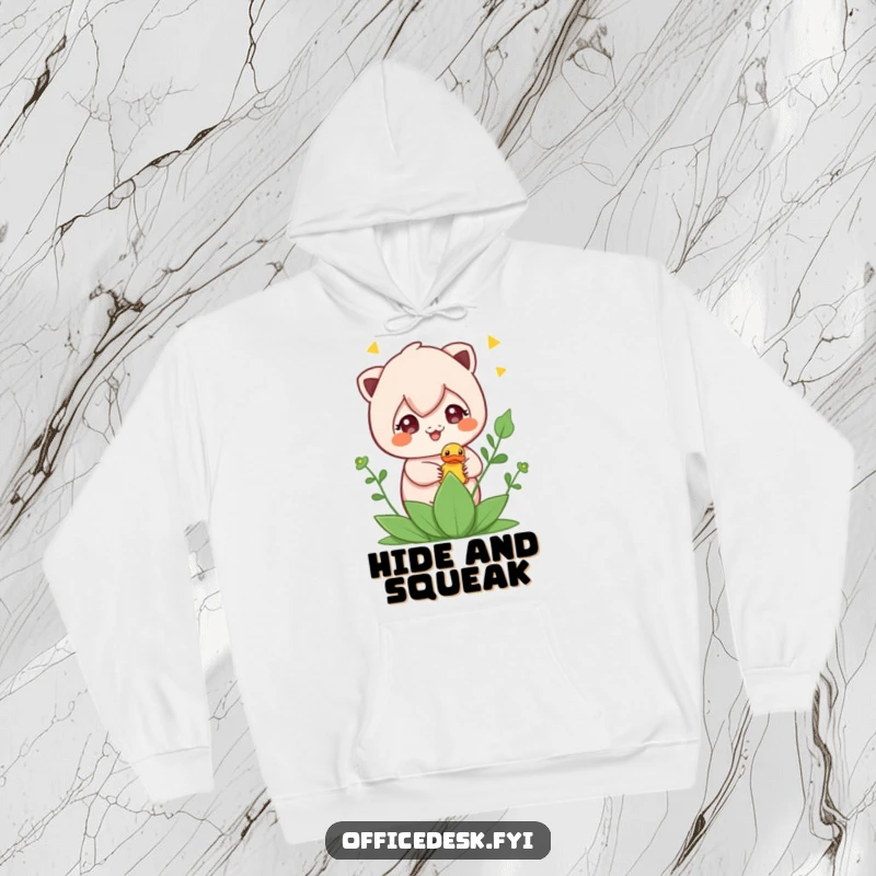 Funny hoodie with a cute character hiding a rubber ducky in a plant, offering warmth and a touch of playful mischief.