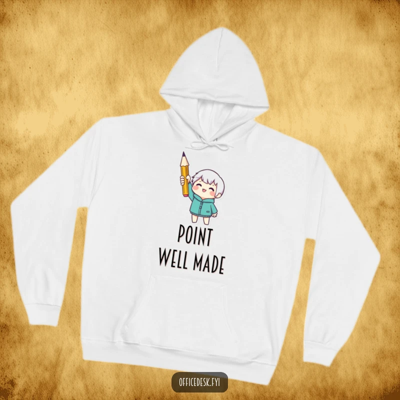 Funny hoodie showcasing a triumphant tiny character with a sharp pencil, symbolizing focus and accomplishment. Ideal for chilly creative days.