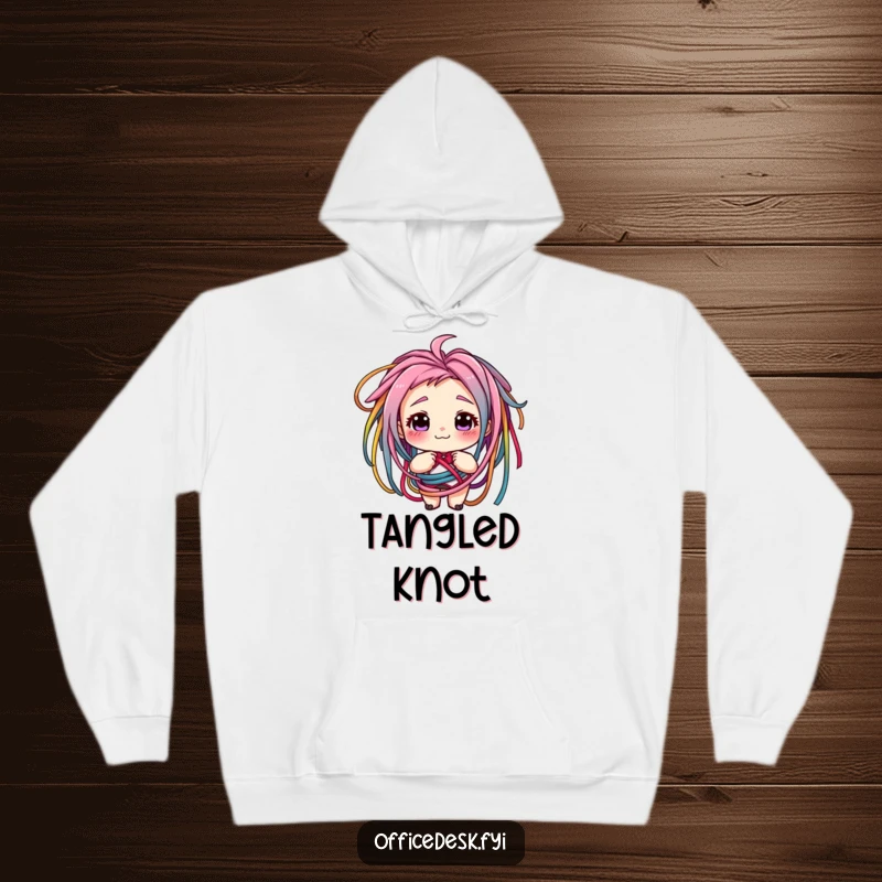 Funny hoodie showing a character with a knowing grin tangled in colorful cords, offering warmth and a humorous take on tech. Ideal gift.