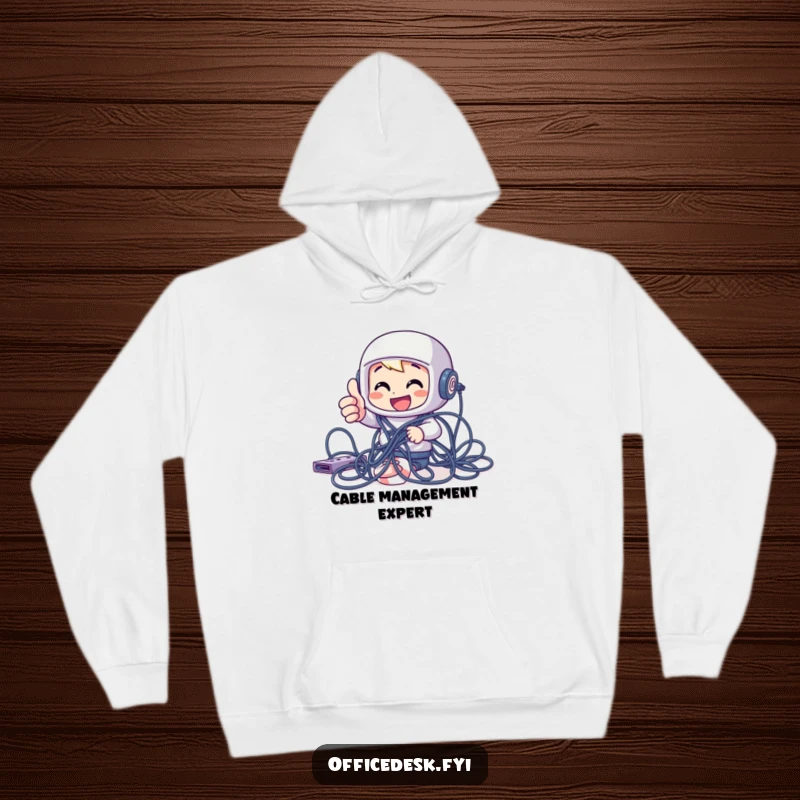 Funny cheerful character giving a thumbs up while tangled in computer cables on a cozy hoodie, a perfect funny gift.