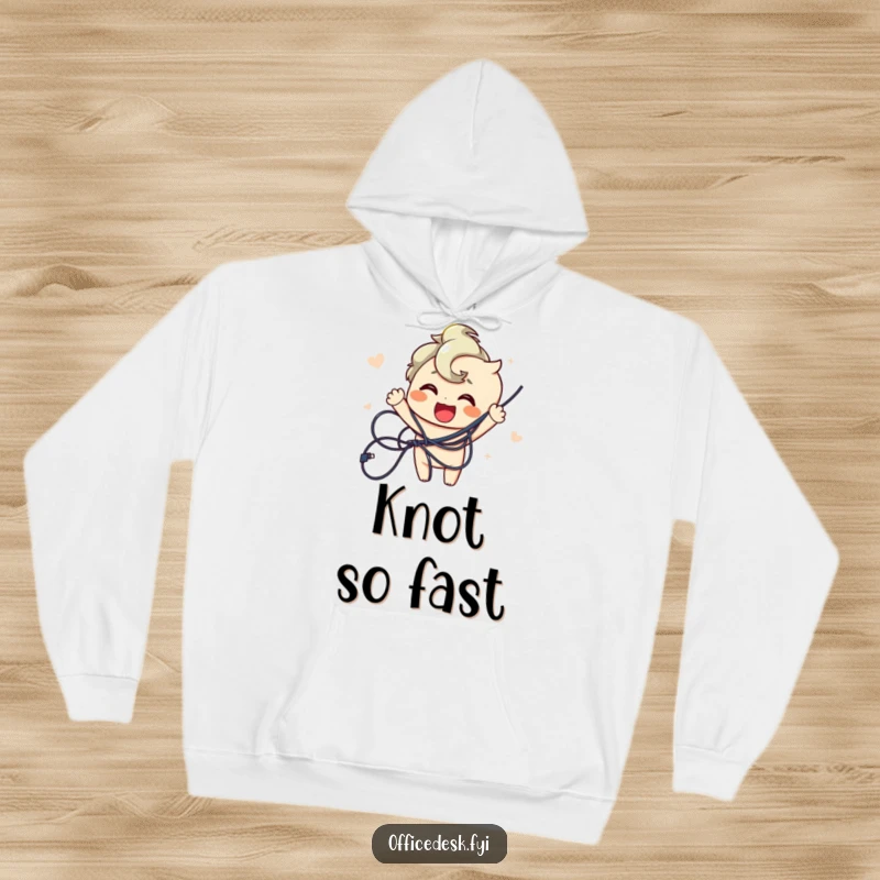 Funny hoodie featuring a joyful character successfully untangling a complex mess of wires, providing warmth and a symbol of order.