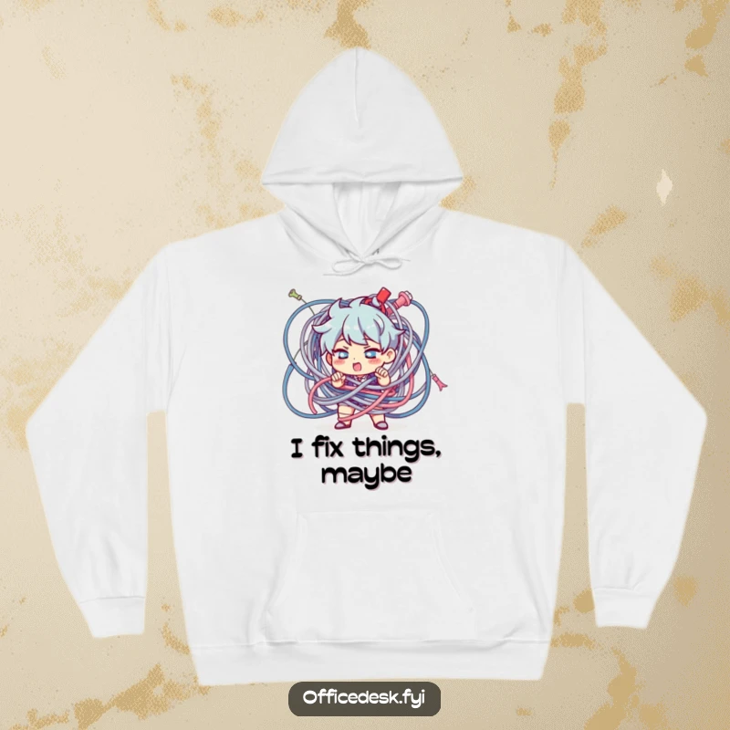 Funny Character Hoodie: A determined character untangling a giant knot of cables, offering cozy humor and support.