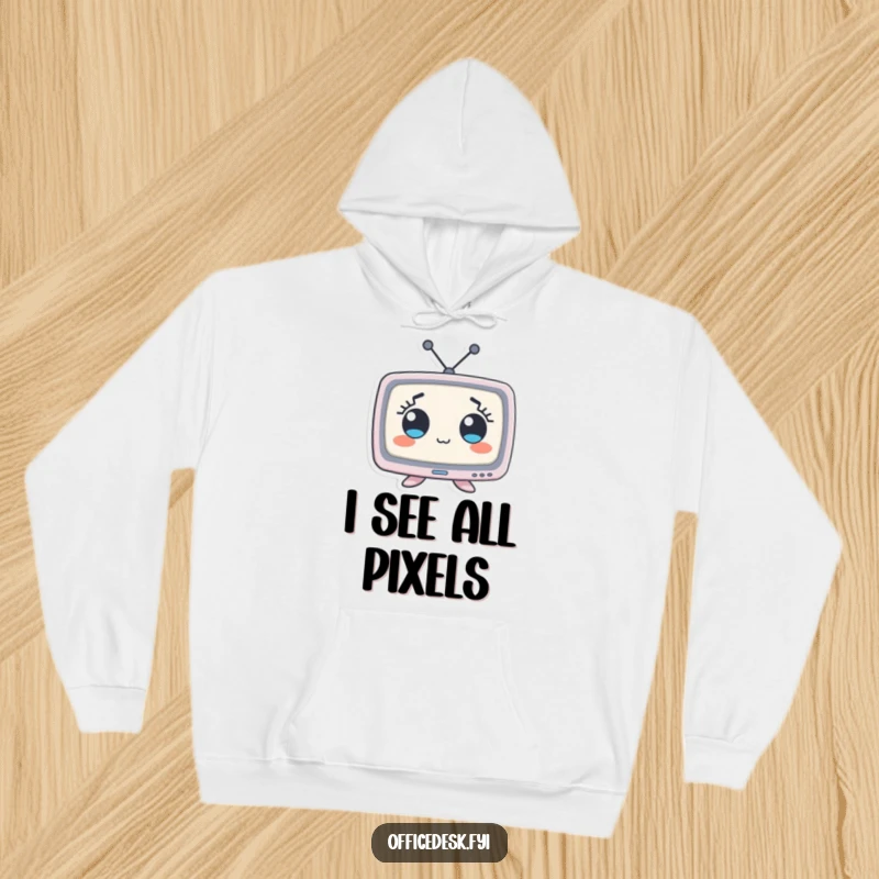 Funny hoodie depicting a small computer monitor character with exaggerated wide eyes, conveying a funny, startled, or amazed expression.