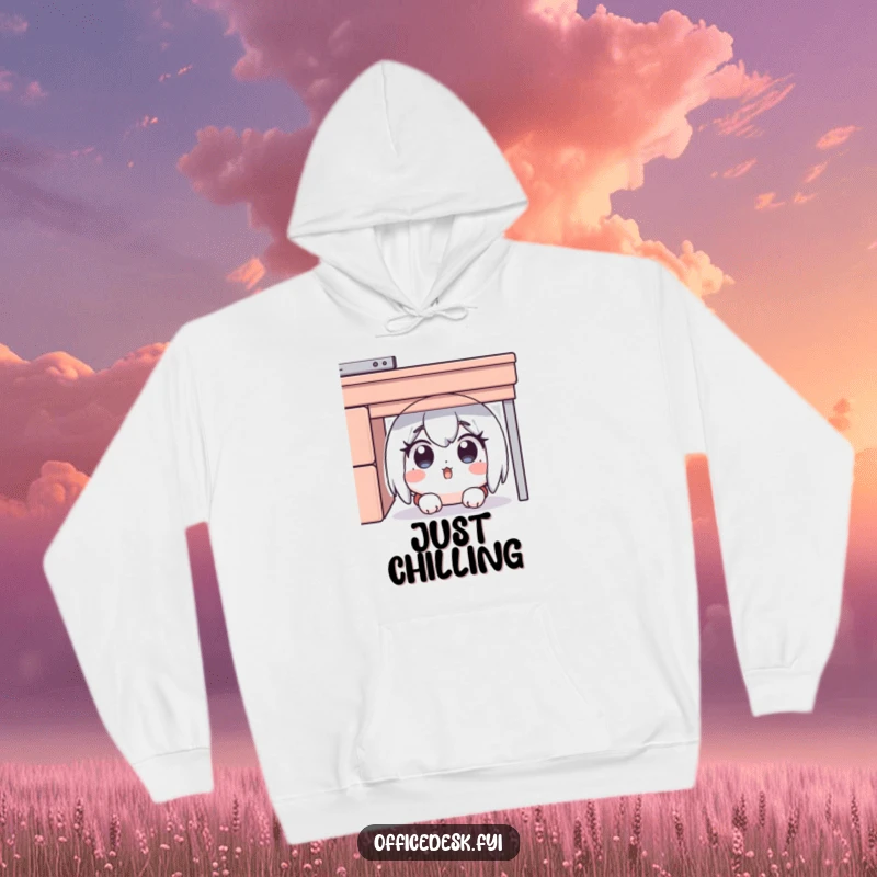Funny hoodie showcasing a surprised character hiding under a desk, eyes wide in a comical moment of shock, excellent for a funny gift.