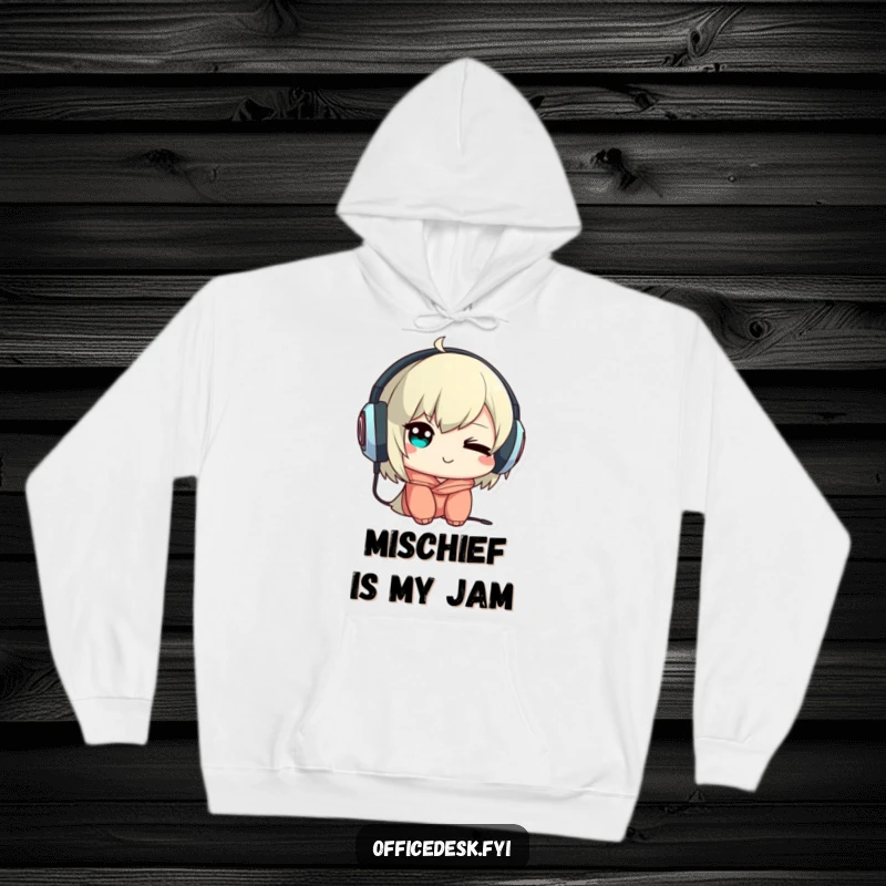 Funny hoodie depicting a cute character winking mischievously while sporting headphones worn backwards, blending humor and music.