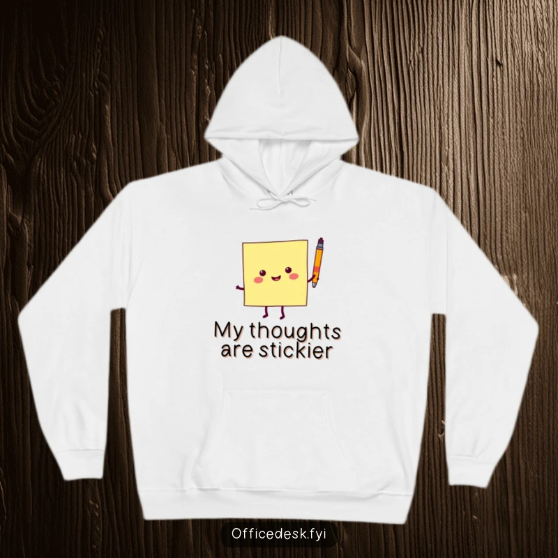 Funny hoodie with a cheerful sticky note character in a dynamic dance pose, holding a tiny pen, perfect for spreading smiles.