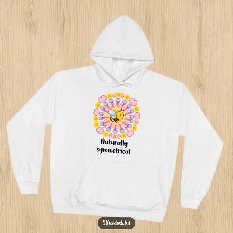 Funny hoodie showcasing a busy bee arranging flower petals in a perfect geometric pattern, radiating creative energy and a love for order.