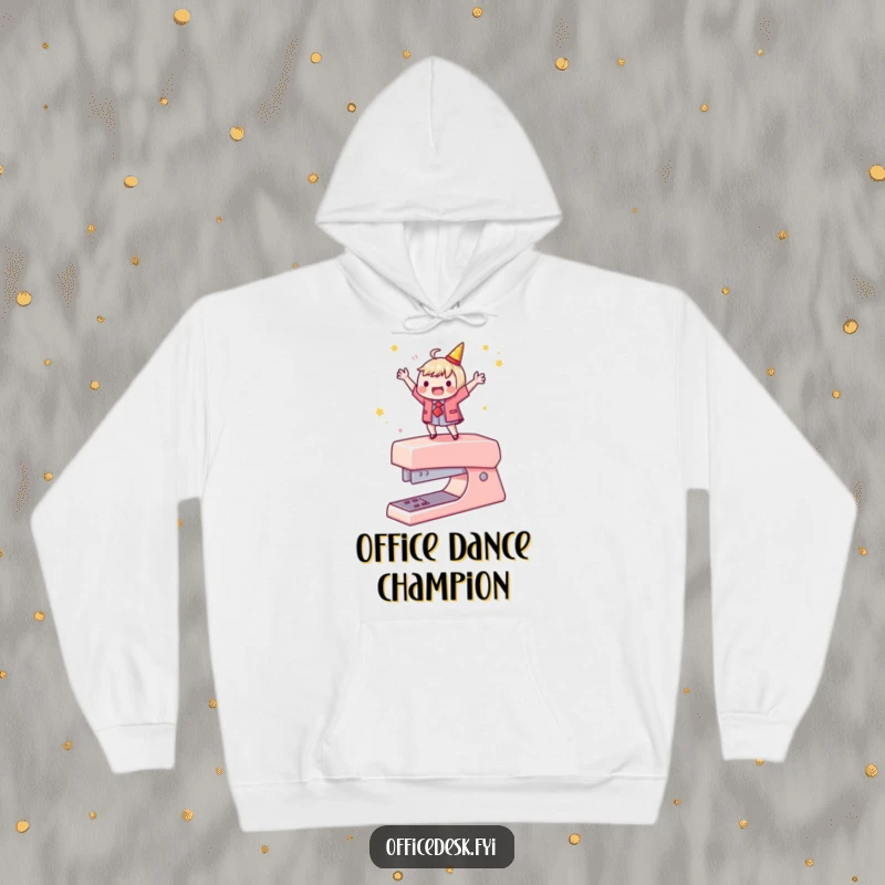 Funny hoodie with a character doing a celebratory dance on a stapler, offering cozy humor for office vibes.