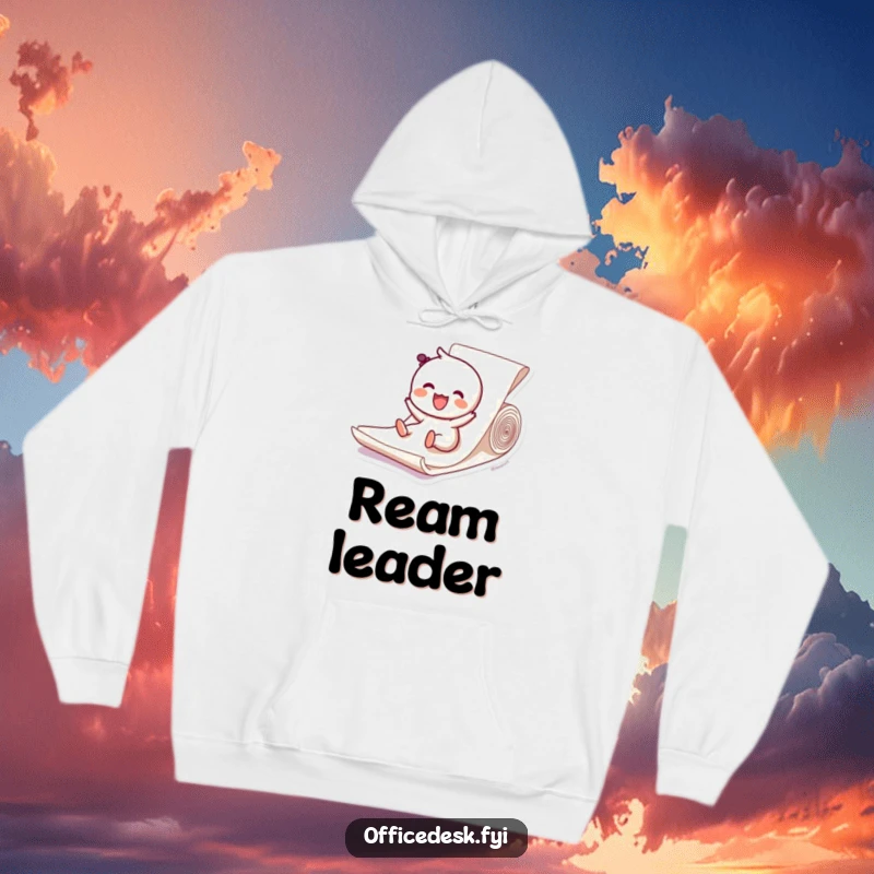 Funny hoodie showing a character joyfully sliding down a paper ream, offering warmth and a sense of playful escape. Ideal gift.