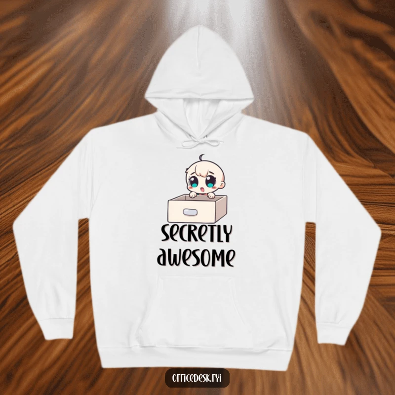 Funny Hoodie: A small character with wide, excited eyes discovering a secret compartment within a desk drawer, symbolizing hidden wonders.