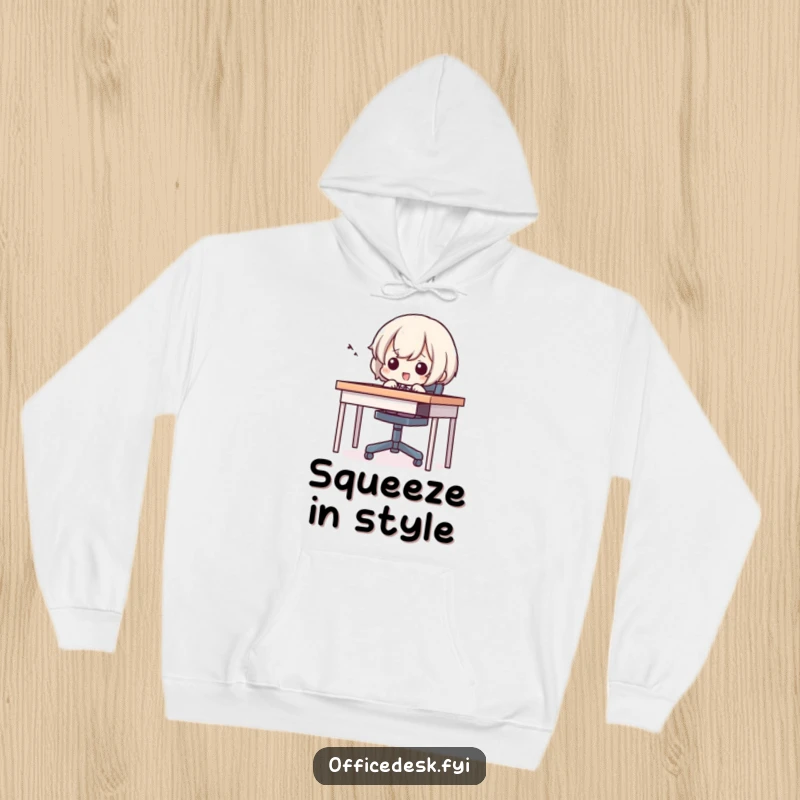 Funny hoodie illustrating a small character hilariously attempting to fit into a tiny desk chair, conveying effort and humor.