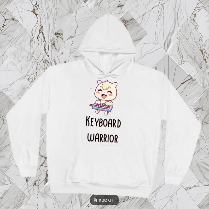Funny hoodie showing a cheerful character energetically typing on a miniature keyboard, excellent for a cozy and funny gift.