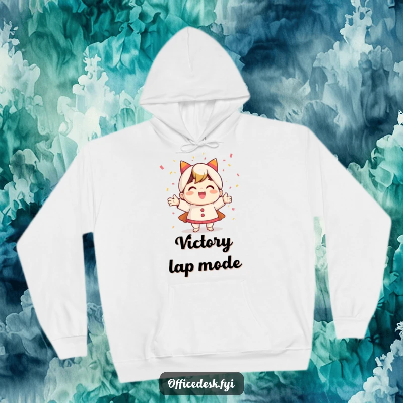 Funny hoodie depicting a delighted character showering in confetti, capturing the essence of post-task celebration and cozy comfort.