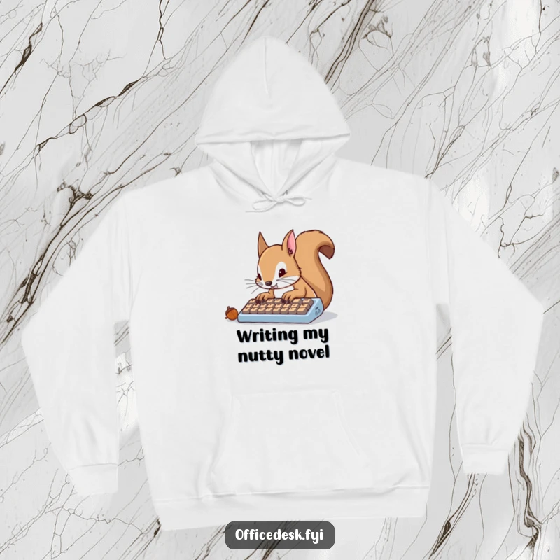 Soft hoodie print of a determined squirrel furiously typing on a tiny keyboard, focus and humor.