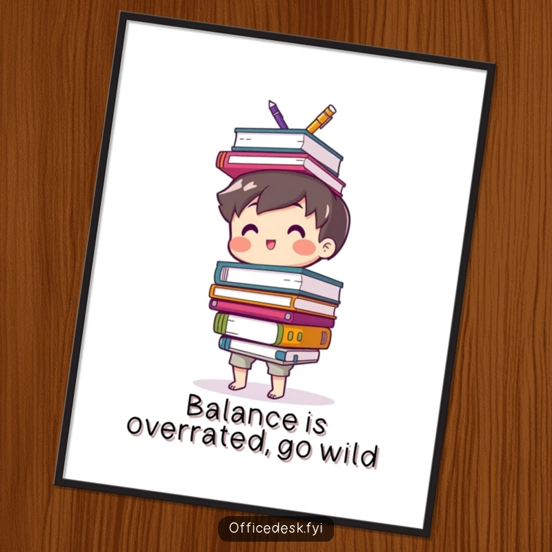 Funny Free Printable Wall Art, a cute character balancing a teetering stack of office supplies, perfect decor.