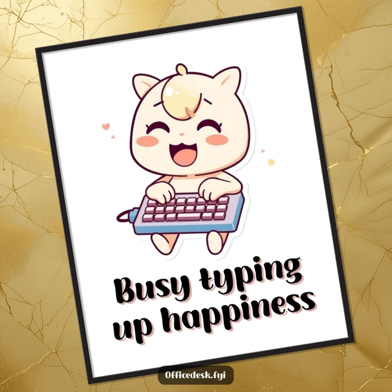 Funny Free Printable Wall Art: Cheerful character enthusiastically typing on a miniature keyboard, perfect for a playful room.