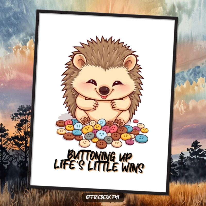 Funny free printable wall art depicting a cheerful hedgehog meticulously organizing its vast collection of tiny buttons with joy.