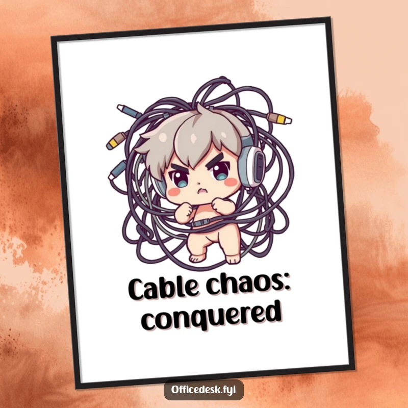 Funny Free Printable wall art print: a determined character heroically battling a wild, chaotic tangle of colorful computer cables.