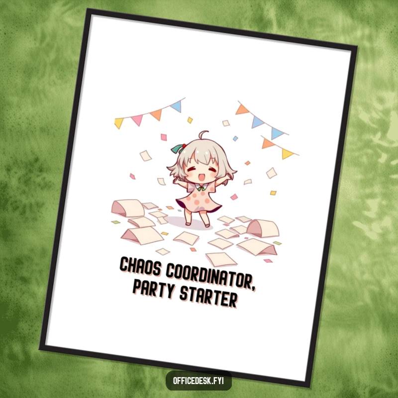 Funny free printable wall art depicting a character joyfully dancing amidst a delightful mess of scattered papers.