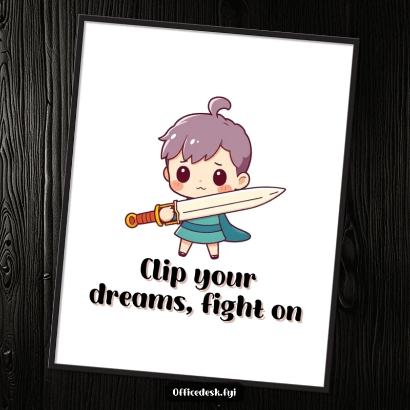 Funny Free Printable Wall Art: A tiny, brave character holding a comically large paperclip like a mighty sword, humorous downloadable art.