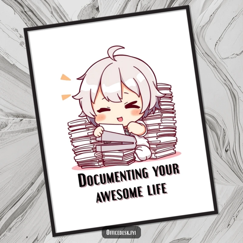 Funny Free Printable Wall Art of a character winking mischievously while trying to staple an impossibly large stack of documents.
