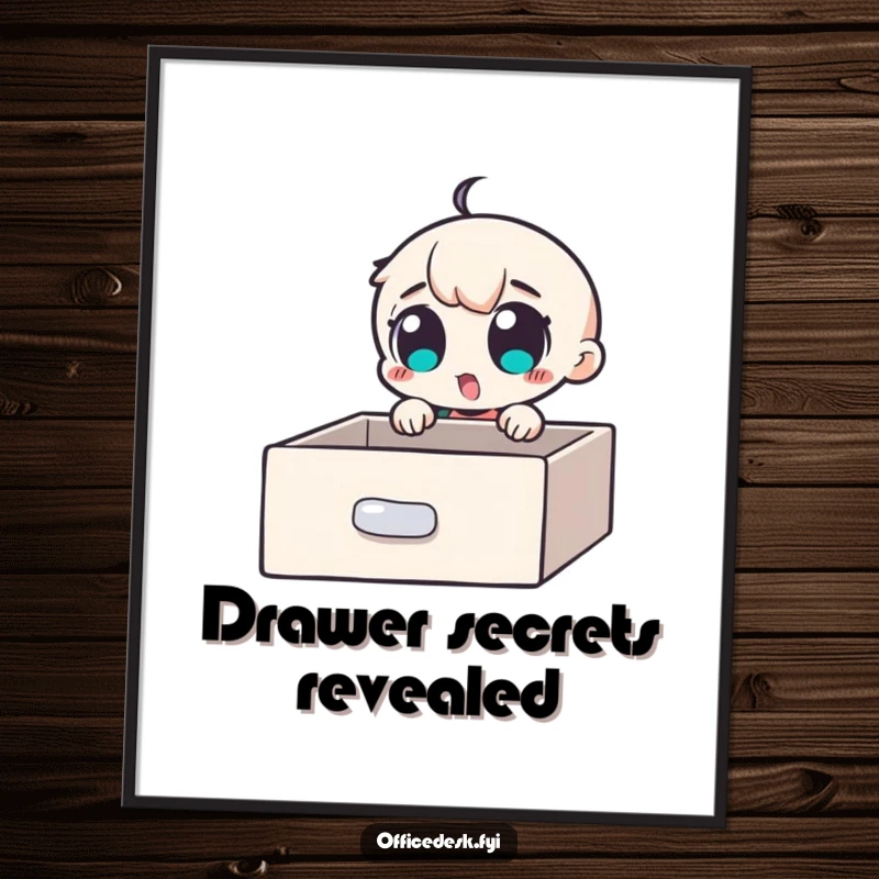 Funny Free Printable wall art: a small character with huge, excited eyes discovering a hidden secret compartment within an open desk drawer.