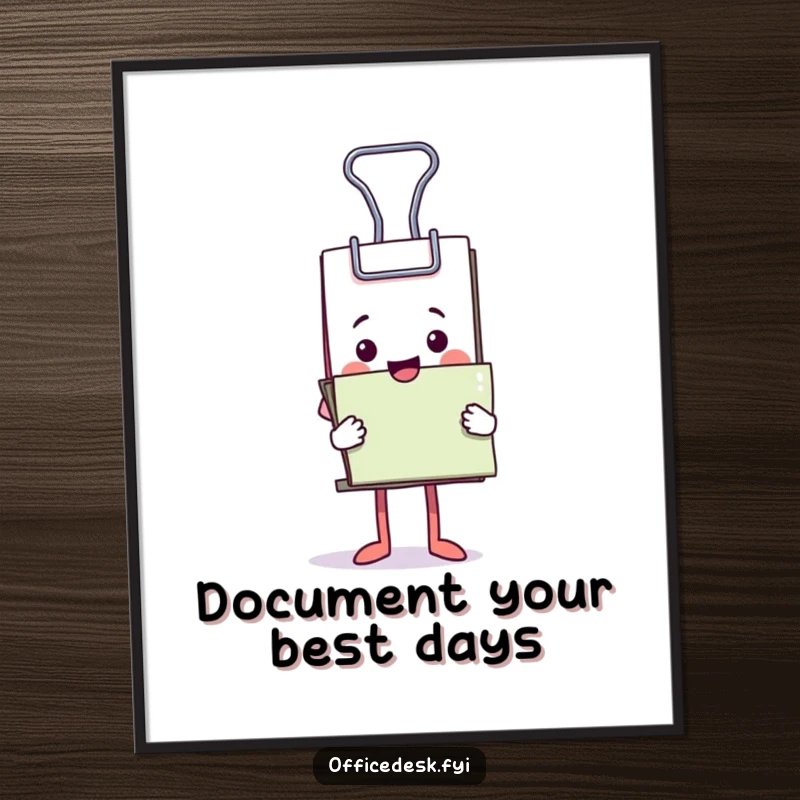 Funny Free Printable Wall Art: A miniature binder clip character joyfully supervising a precarious, giant stack of documents.