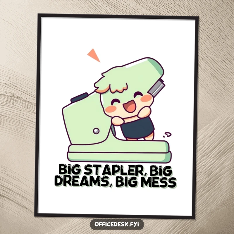 Funny Free Printable Wall Art, a cheerful character excitedly uses a giant stapler, perfect office decor.