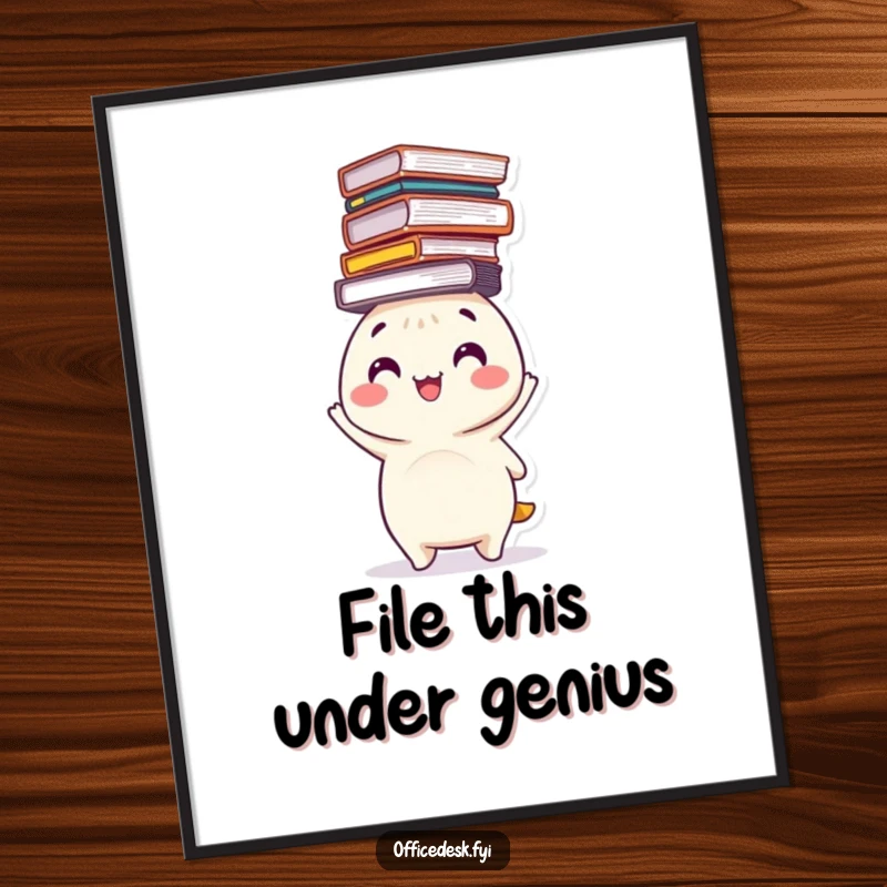 Funny Free Printable Wall Art: A happy character balancing a very precarious stack of files on its head, looking delighted.
