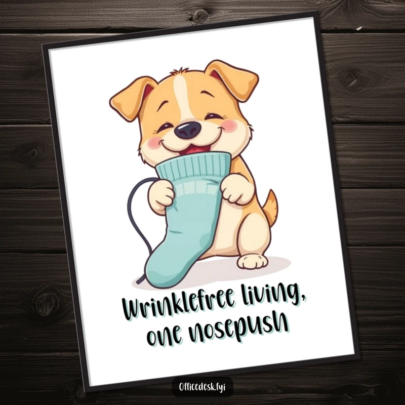 Funny Free Printable Wall Art Poster: Bouncy dog ironing a wrinkled sock with its nose, humorous household task, downloadable art.