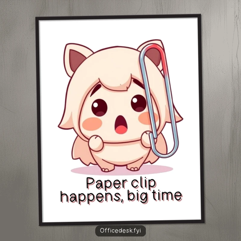 Funny Free Printable Wall Art: Character looks shocked at a gigantic rogue paperclip, adding quirky humor to any room.