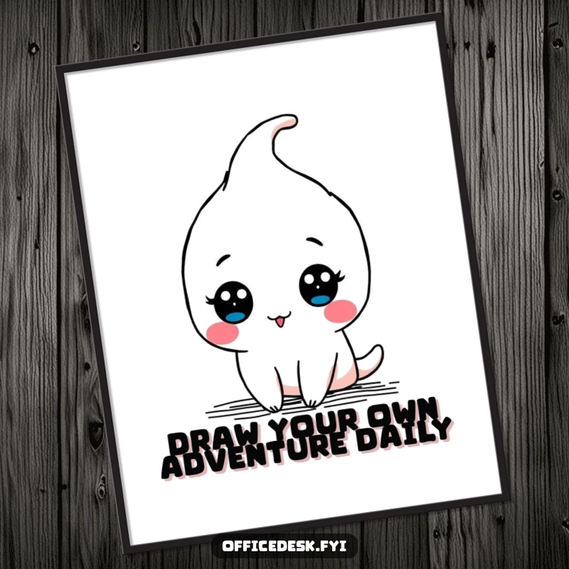 Funny free printable wall art showing a kawaii pen character drawing a delightful and humorous doodle with artistic flair.