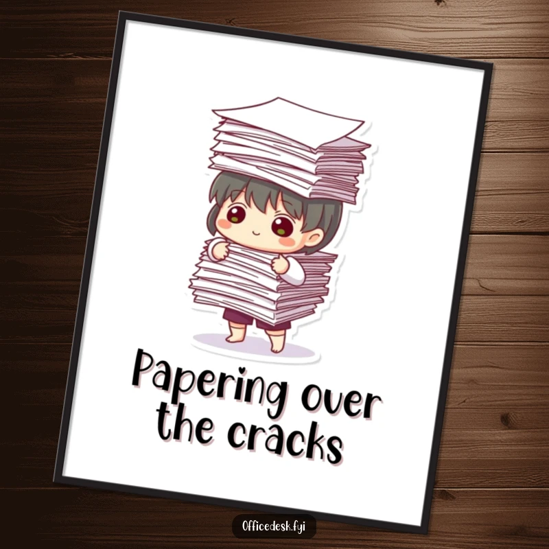 Funny Free Printable Wall Art: A character focused intently balances a precarious, towering stack of papers on their desk.