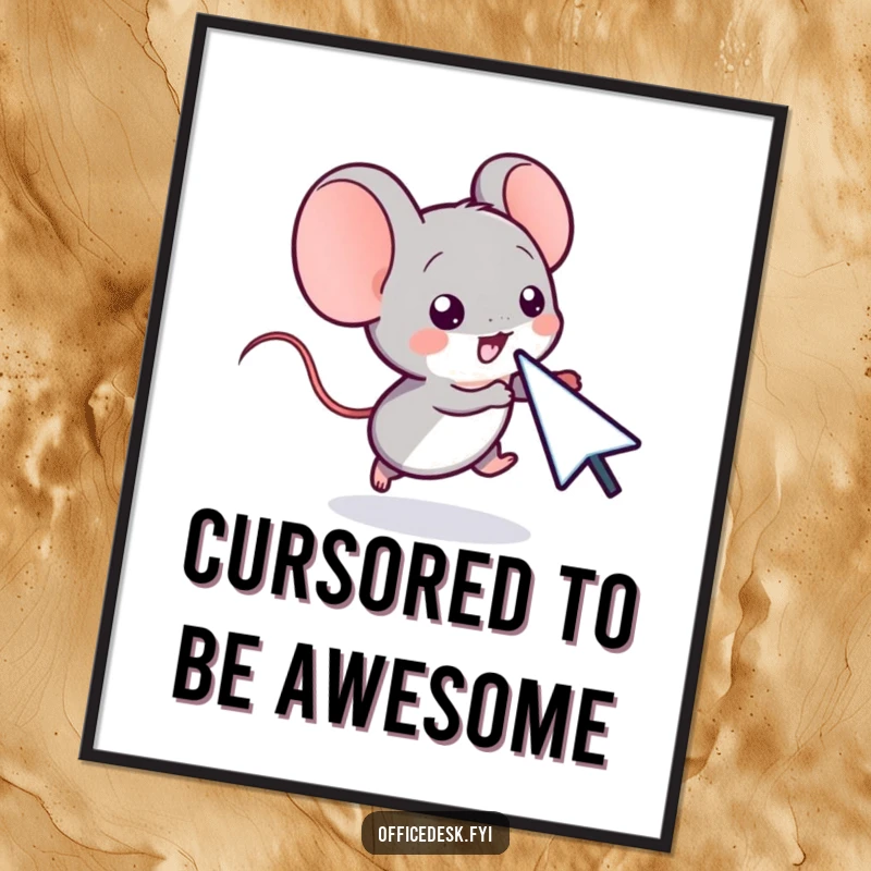 Funny free printable wall art depicting a small computer mouse character playfully chasing a digital cursor across a screen.