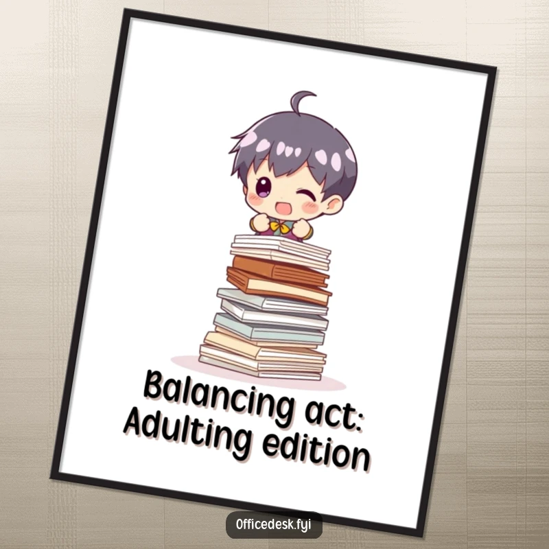 Funny Free Printable Wall Art of a tiny character looking stressed while balancing a massive, unstable stack of papers.