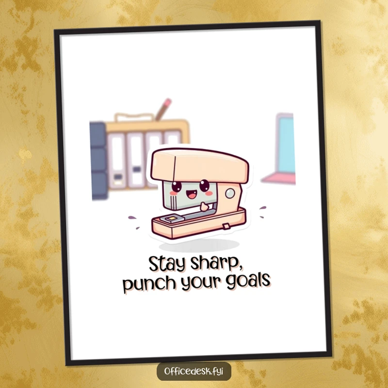 Funny free printable wall art depicting a tiny stapler character comically zipping across a desk with energetic motion.