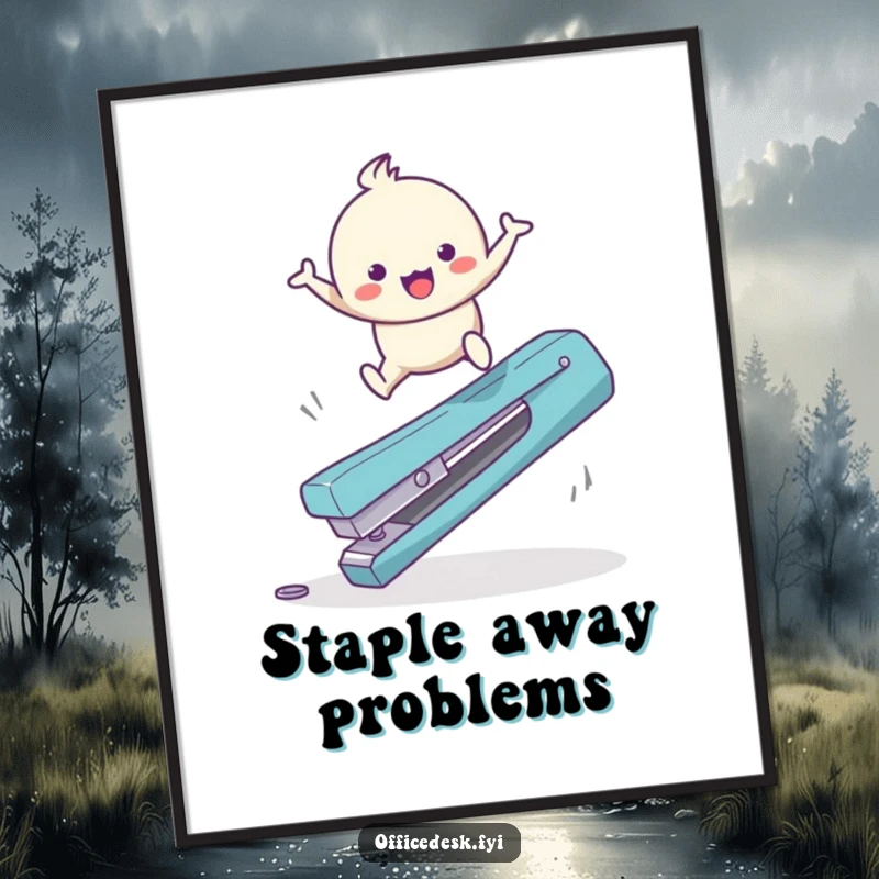 Funny Free Printable wall art: a cute, stylized character in mid-air, joyfully leaping over an oversized, fallen office staple remover.